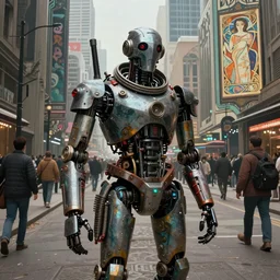 vibrant portrait of masked diesel punk robot on the art deco streets of the big city, artstation, award - winning realistic sci - fi concept art by jim burns and greg rutkowski, picasso, beksinski, masterpiece, muted colors, james gilleard, bruegel, alphonse mucha, and yoshitaka amano ( dramatic lighting )
