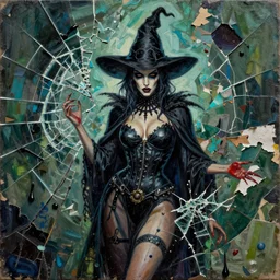 bad witch from fight club detailed mixed media collage with canvas texture in style of contemporary art, punk art, photorealism, sensual bodies, expressionism, masterpiece, perfect composition, spectacular quality, intricate oil details, broken glass photo, torn paper intricate texture, large cracks, liquid glue spots, dark green and cyan chaotic background