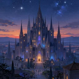 ethereal starlit city of magic lost in time at sunset, italian futurism, art station, johan grenier, hd, digital painting
