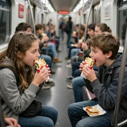 kids fighting in a squalid subway over half eaten fast food, hyper realistic photo, full colour, upscale, 8 k