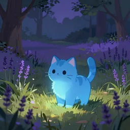 illustration of a glowing cute blue cat in grassy field with trees and lavender, concept art, artstation, hd