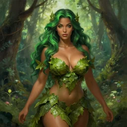 portrait of a forest mage, female, buxom, dress made of green leaves, gorgeous, green hair, brown skin, curves, magic forest background, digital painting, artgerm and greg rutkowski and alphonse mucha