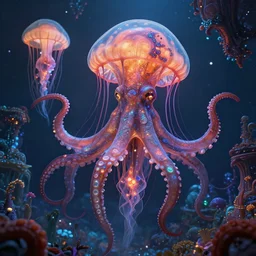 photorealistic beautiful and intricate alien jellyfish planet in the style of michael whelan and greg rutkowski. hyperdetailed photorealism, 1 0 8 megapixels, octopus palace, amazing depth, glowing rich colors, powerful imagery, psychedelic overtones, 3 d finalrender, 3 d shading, cinematic lighting, artstation concept art