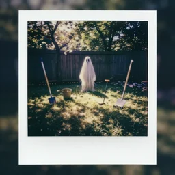 polaroid of creepy backyard, floating gardening tools, poltergeist, liminal, hidden ghost.