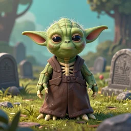 a yoda skeleton standing in a graveyard