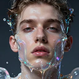 postmodernist extreme close up of gorgeous hyperrealistic male face melts! like iridescent ice cream, digital art masterpiece, highly detailed neo pop surrealism, jason limon kay sage hannah yata, dramatic lighting, low angle, uhd 8 k, sharp focus