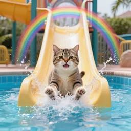 cat sliding down a water slide, water park, cat having fun, cute, water splashes, pool,  by Mateusz Urbanowicz,  8k character concept art, by WLOP, rainbow magic particles, cinematic lighting, trending on artstation, symmetrical portrait symmetrical, highly detailed CGsociety, hyper