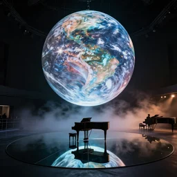 a large scale art installation. big mirror floor reflect sphere and piano on center. space liquid planet visuals projected on single big suspended sphere inside giant and dark venue. live music piano concert. stage design. fog, hazer and light in dark
