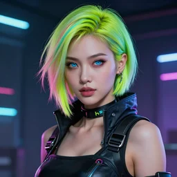 a stunning portrait of a cyberpunk queen. she has short neon colored hair and blue eyes. she's a cyberpunk 2 0 7 7 character. digital art by frank frazetta and julie bell, medium shot portrait, highly detailed, trending on artstationhq