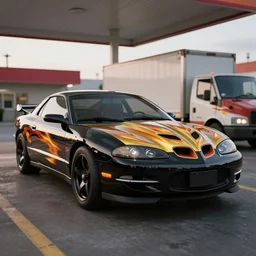 a focused black pontiac firebird car, gold firebird on bonnet, parked at truck stop, medium shot, sharp, very detailed, high resolution, rendered in unreal engine 5, dramatic lighting