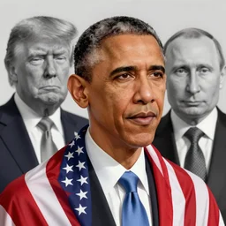 obama with an american flag wrapped around his head, trump and putin in greyscale look on forebodingly in the background, red chinese flowers in the background, chinese characters in the foreground
