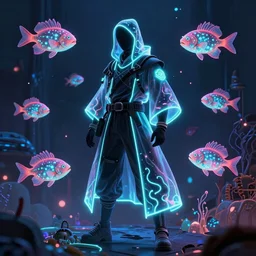 bioluminescent neon ninja cloak designs for a character with umbrakinesis inspired by deep sea fish living in a dystopian hellscape