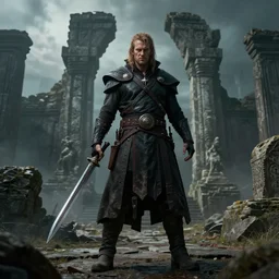 conan the eliminator in the style of tom bagshaw, dark fantasy warrior, standing before ancient ruins