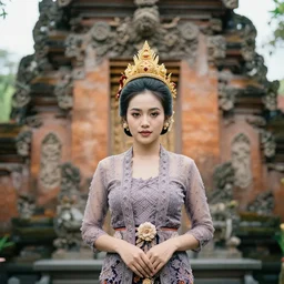 portrait of demi rose wearing kebaya in bali temple, by charlotte grimm, natural light, detailed face, beautiful features, symmetrical, canon eos c 3 0 0, ƒ 1. 8, 3 5 mm, 8 k, medium - format print, half body shot