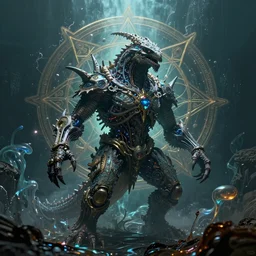 masterpiece portrait of an ancient eldritch elden ring kaiju with biomechanical modifications surrounded by underwater ink pour and flowing liquid gallium and complex sacred geometry, powerful, cinematic, beautifully lit, by h. r. giger, beksinski, beeple, artgerm, karol bak, brian froud, 3 d, trending on cgsociety, octane render, 8 k
