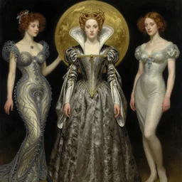 beautiful young medieval queen by maxfield parrish, iris van herpen, jean delville, james jean, visionary, symbolist