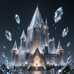 an hd artistic photo of futuristic triangular castle, sky objects made of crystals floating around castle, all the things glowing in the dark, highly detailed