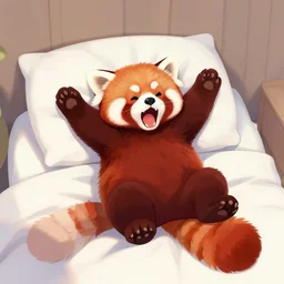 commissioned full body portrait of an anthro! red panda waking up in bed! and yawning! and stretching!, trending on furaffinity,