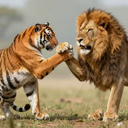 a tiger and a lion armwrestling,digital art,realistic,detailed,anthro