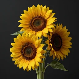 three beautiful sunflowers from single stem, volumetric dramatic light, dark background, sharp focus, highly realistic, octane render, art by greg rutsowski