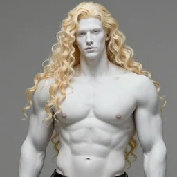 the latest blond male beefcake by Sakimichan, porcelain white skin, voluptuous male, long curly light blond hair, extremely pale white skin and long fluffy blond curly hair, 4K, artstation