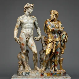 shiny colourful polished marble intricate viking statue by michelangelo buonarroti and by gian lorenzo bernini, covered in color paint splashes, partially gold plated, ultra - detailed flash studio photograph