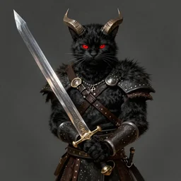 a cat-man with a two handed sword, black fur, horns and red eyes, dresses as a barbarian, highly detailed, digital painting