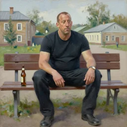 vin diesel sits on a bench with a bottle of beer in the courtyard of a provincial russian town, oil on canvas, naturalism