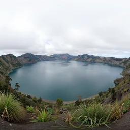 wide angle view, 3d stereoscopic equirectangular 360 lake Batur, fov 90 degrees, horizon centered, yaw 0 degrees