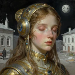 A close up futuristic portrait on the street of a Russian sleeping quarters on the moon, Norilsk, sci-fi, fantasy, intricate, very very beautiful, elegant, highly detailed, digital painting, artstation, concept art, smooth, sharp focus, illustration, art by artgerm and greg rutkowski and alphonse mucha