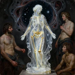 Beautiful full-body wax sculpture of glowing transparent woman in transparent cloth with visible gold bones covered with melted white wax inside the singularity where stars becoming baroque folds of dark matter by Michelangelo da Caravaggio, Nicola Samori, William Blake, Alex Grey and Beksinski, dramatic volumetric lighting, highly detailed oil painting, 8k, masterpiece