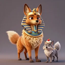 jackel pharao, jackal dressed up as a pharao, furry fluffy jackal, dessert wolf, style of maple story and zootopia, 3 d animation demo reel, portrait studio lighting by hieronymous bosch and rembrandt