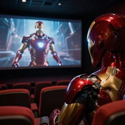 over the shoulder shot of iron-man watching an iron-man movie in a movie theater, photorealistic