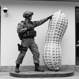 the special forces pointing a real sized peanut statue, security camera, black and white, detailed, realistic, 4k