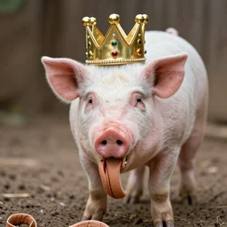 pig eating a pork rind while wearing a crown