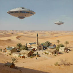 a small village in a desert being attacked by alien flying spacecraft, oil painting, ultra detailed