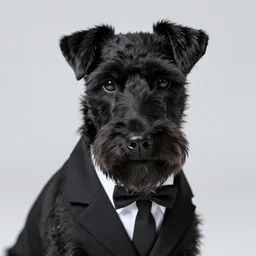 closeup portrait of a black hunting terrier wearing a black suit
