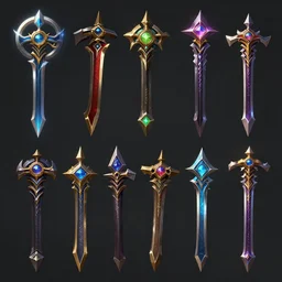 ultra realistic illustration, collection of magic weapons 2 d sprites, asset store, rich contrast of colors, league of legends artwork