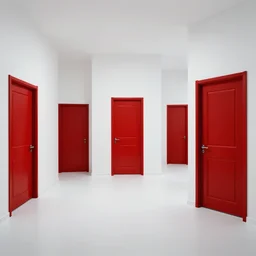 a white room with multiple red doors, surreal, creepy, unsettling, liminal space,