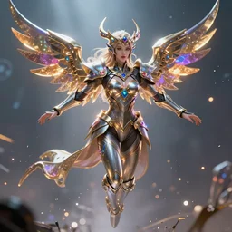 a beautiful female human god of metal character, character is in all its glory, character is centered on the image, character is flying, rim lights, highly detailed professional photo, dynamic lights, particles are flying, depth of field, trending on artstation, illustration, hyper realistic, vray caustics, super detailed, colorful accents, cinematic shot