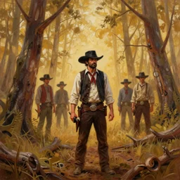 ismail inceoglu epic painting of wild west book cover, year 1 8 9 0, forest, line art, ink, art concept for a book cover!!, red dead redemption, warm colours. oil painting, highly detailed, centered, hyperrealism, romantic, concept art, smooth, sharp focus trending on artstation, by greg manchess and by craig mullins and by kilian eng and by jake parker