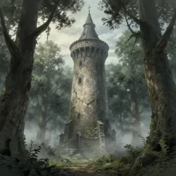 an archaic tower looming over a grove of ancient trees, in the style of ayami kojima and kentaro miura, grim, thick mist, cracked walls, realistic digital painting, realistic colors, medieval fantasy, very detailed