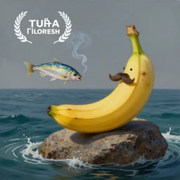 Painting of a banana with a mustache, sitting on a rock in the sea and catching fish while smoking