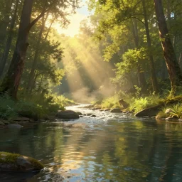 A highly detailed 4K fantasy matte painting of a river bank in a forest during the golden hour in summer, volumetric sun rays and dust, water reflection, Thomas Kinkade, Greg Rutkowski, ArtStation, CGSociety, Unreal Engine