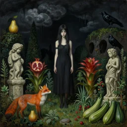 realistic painting of a witches garden, black dripping sky, tall emo girl, stone sculptures, a fox, a pear, dark clouds, topiary, dark caves, pomegranate, bromeliads, herbs, raven, courgettes, berries, zen, sensual, surrealist painting by magritte and monet and rousseau