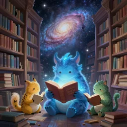 a library in the galaxy, magical creatures reading books, glowing effect, realistic, digital painting, illustration, concept art trending on artstation,
