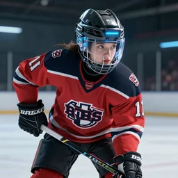 habs, female ice hockey player, high-tek helmet, futuristic, unreal engine, lasers, 8k, artstation