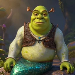 shrek as a charming mermaid, worksafe, dreamlike, with jewelry, character art, hyperdetailed, 8 k, realistic, frostbite 3 engine