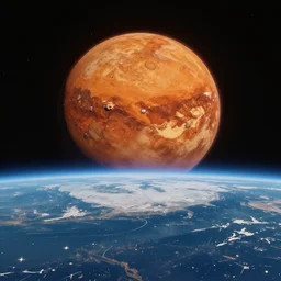 Planet Mars rising on Earth's horizon, realistic photo, 8k.