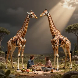 mechanical giraffes, having a picnic, realistic,